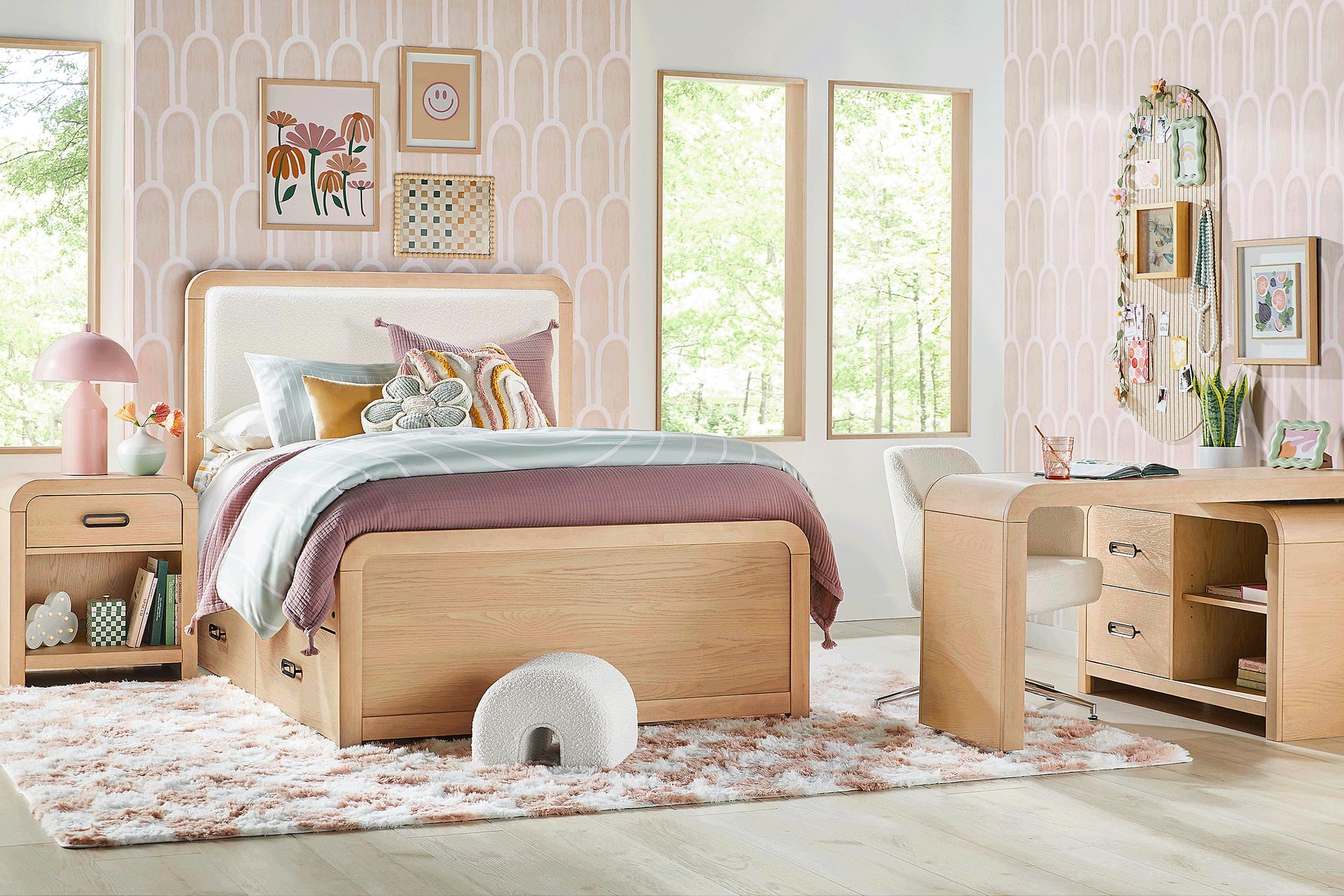 Kids Hidden Hills Light Oak Full Upholstered Panel Bedroom