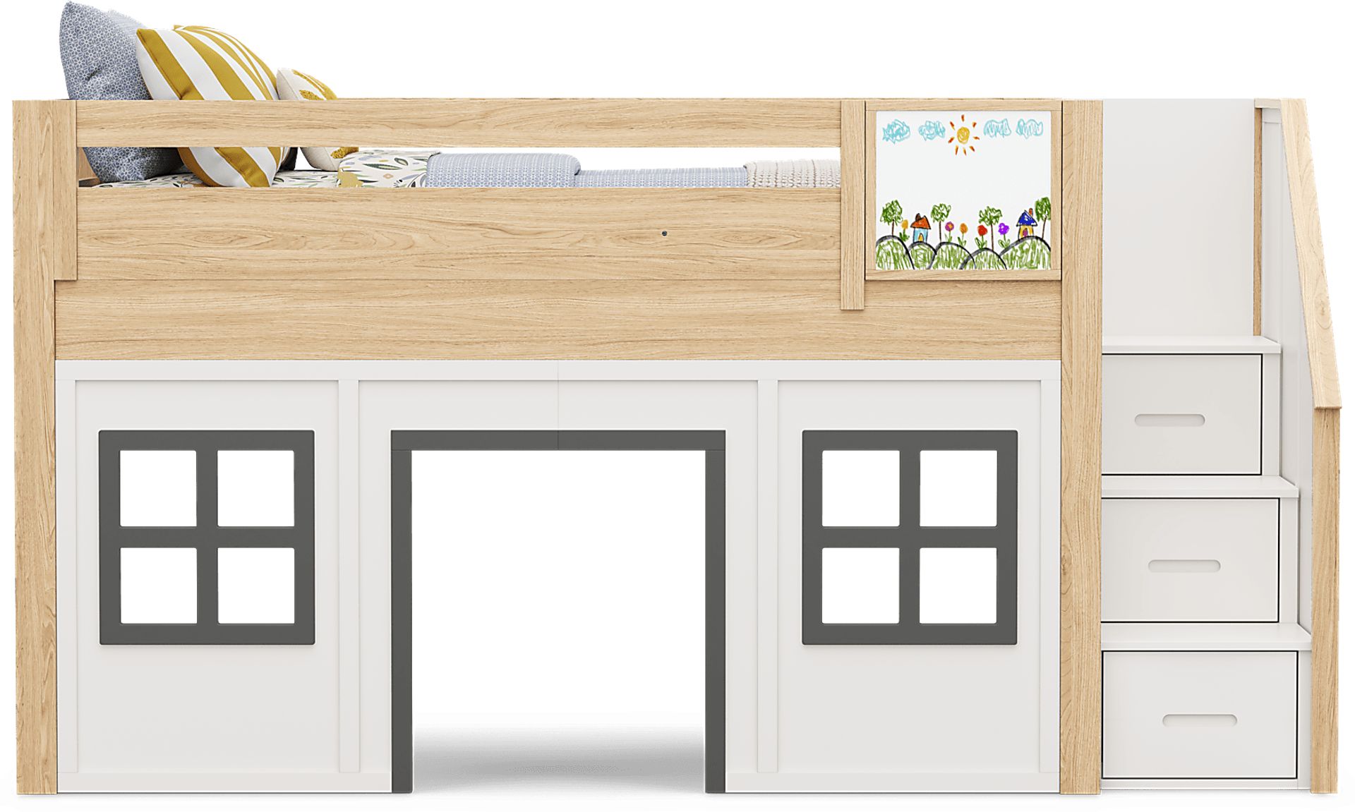 Kids Hidden Hills Light Oak Twin Low Loft Clubhouse with Steps and Activity Panel - Image 3