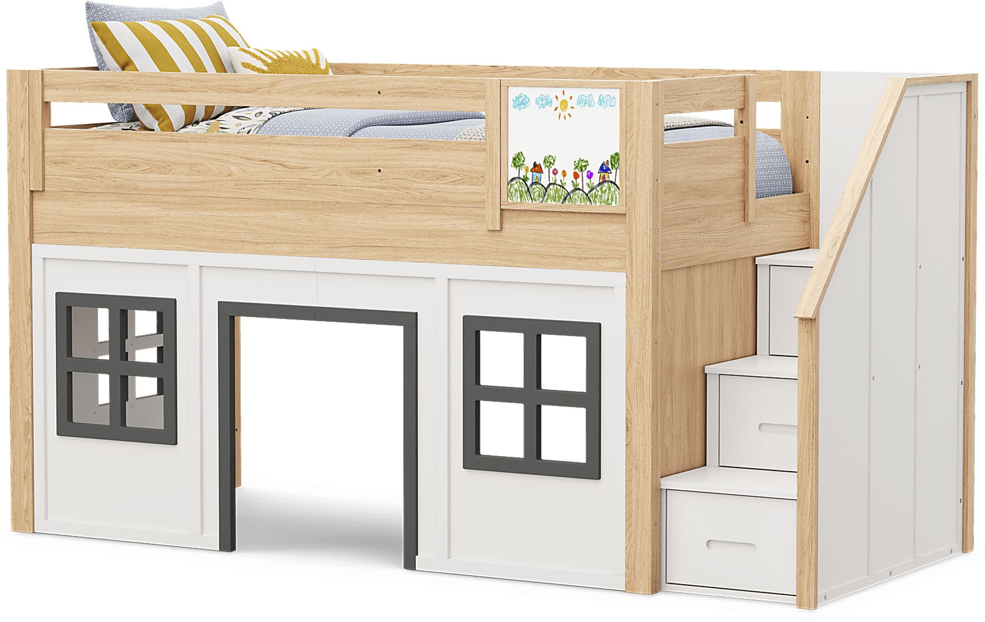 Kids Hidden Hills Light Oak Twin Low Loft Clubhouse with Steps and Activity Panel - Image 4