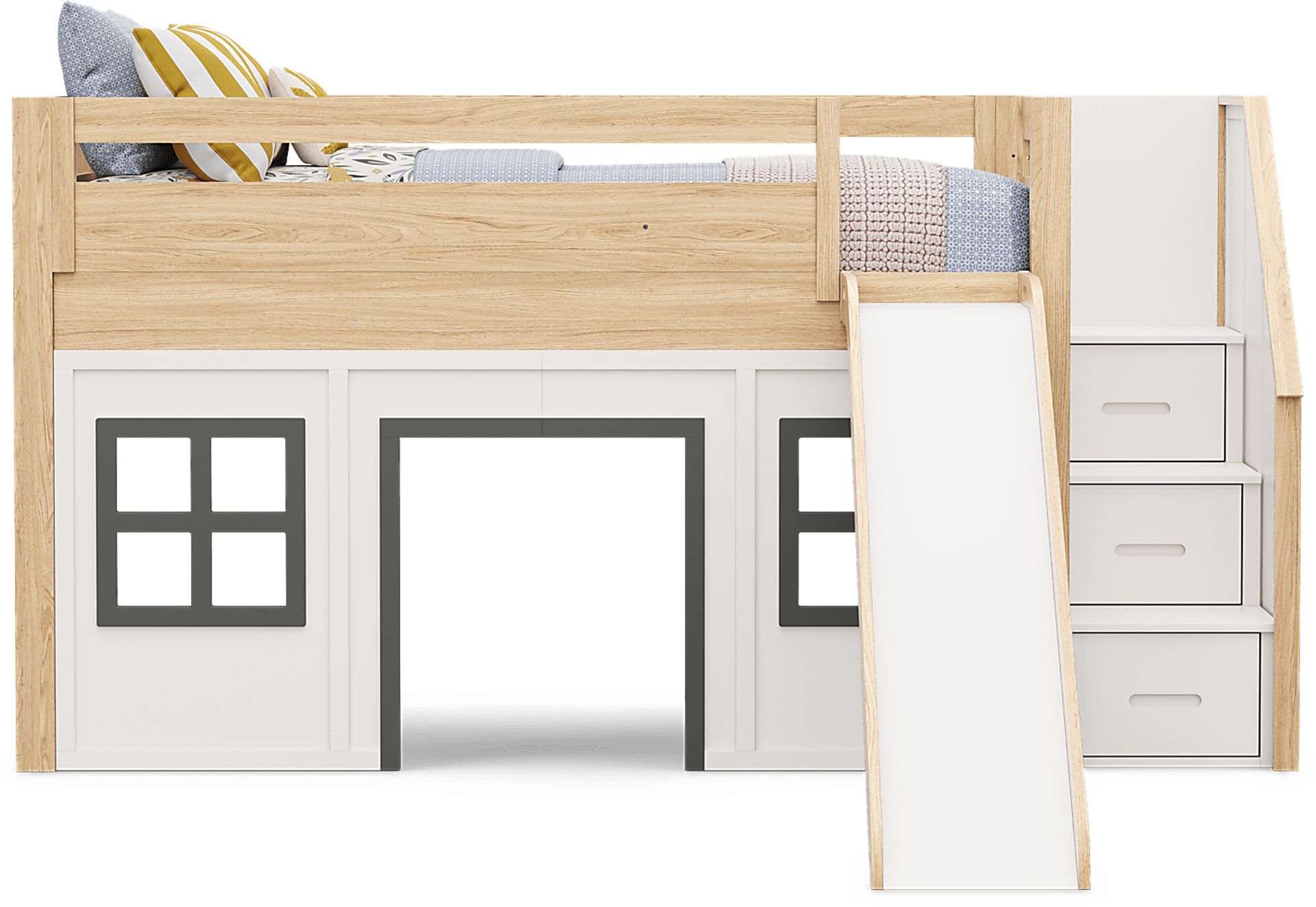 Kids Hidden Hills Light Oak Twin Low Loft Clubhouse with Steps and Slide - Image 3