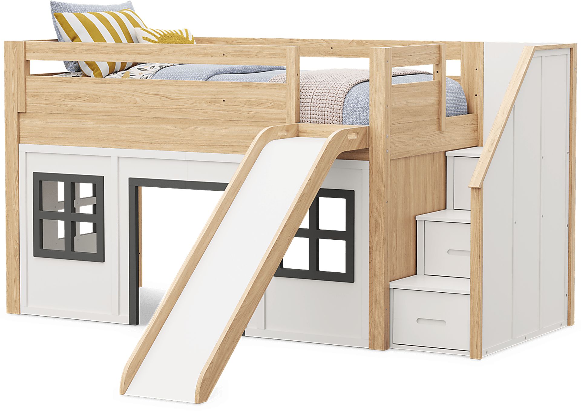 Kids Hidden Hills Light Oak Twin Low Loft Clubhouse with Steps and Slide - Image 4