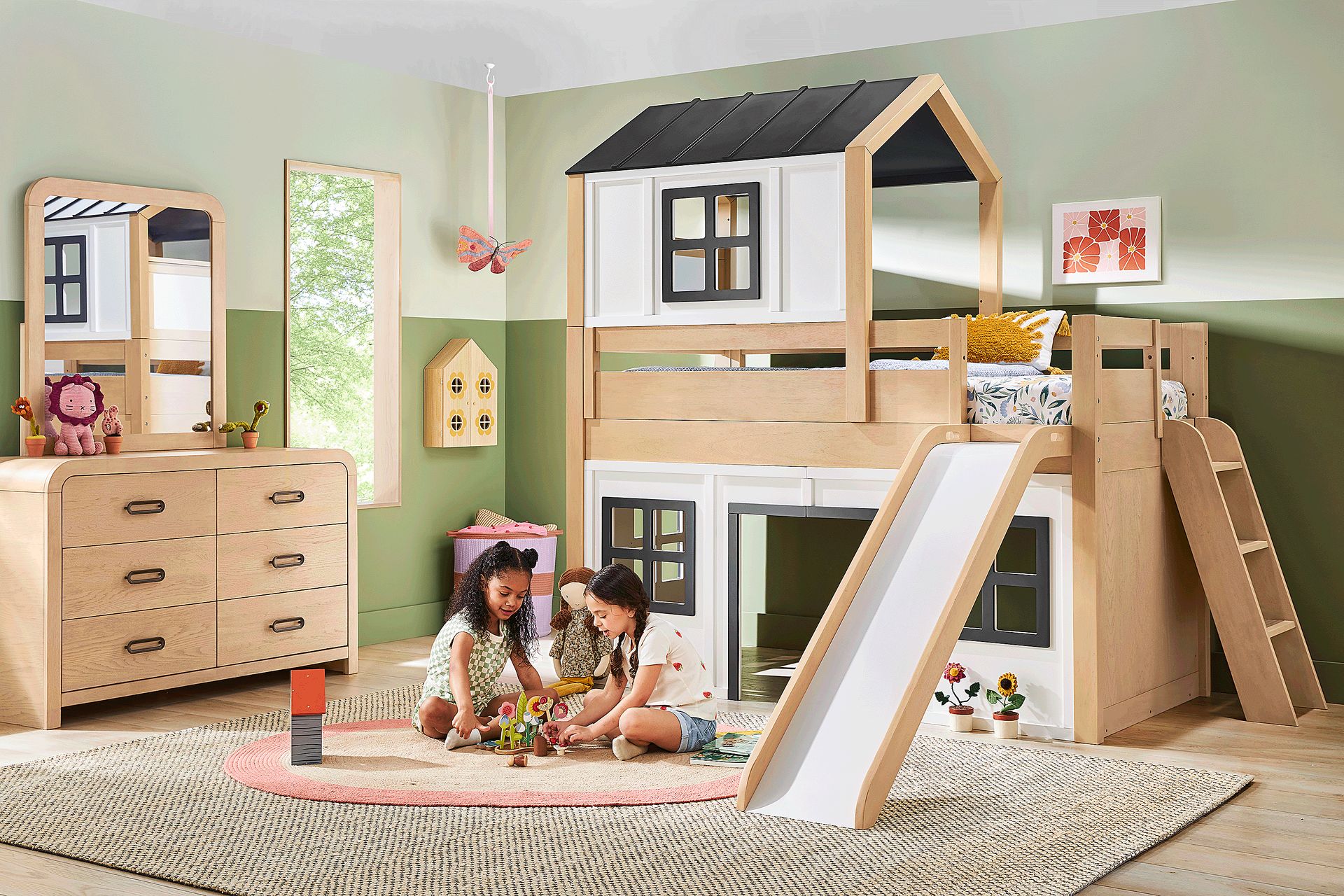 Kids Hidden Hills Light Oak Twin Low Loft Treehouse with Slide - Image 3