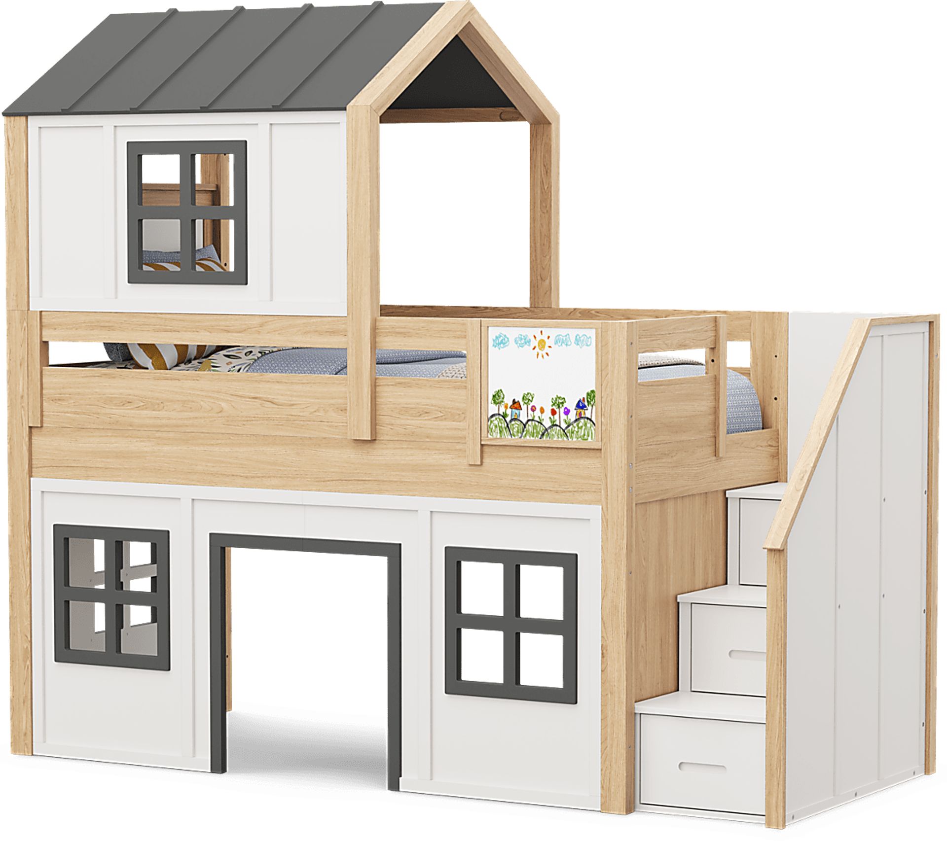 Kids Hidden Hills Light Oak Twin Low Loft Treehouse with Steps and Activity Panel - Image 4