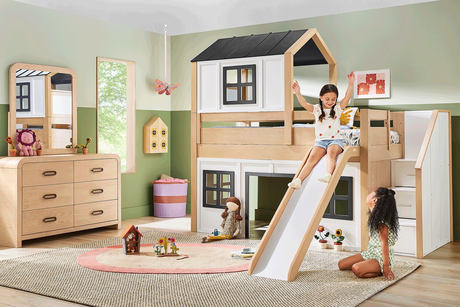 Kids Hidden Hills Light Oak Twin Low Loft Treehouse with Steps and Slide - Image 3