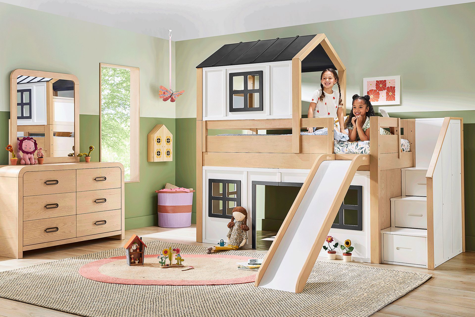 Kids Hidden Hills Light Oak Twin Low Loft Treehouse with Steps and Slide - Image 4