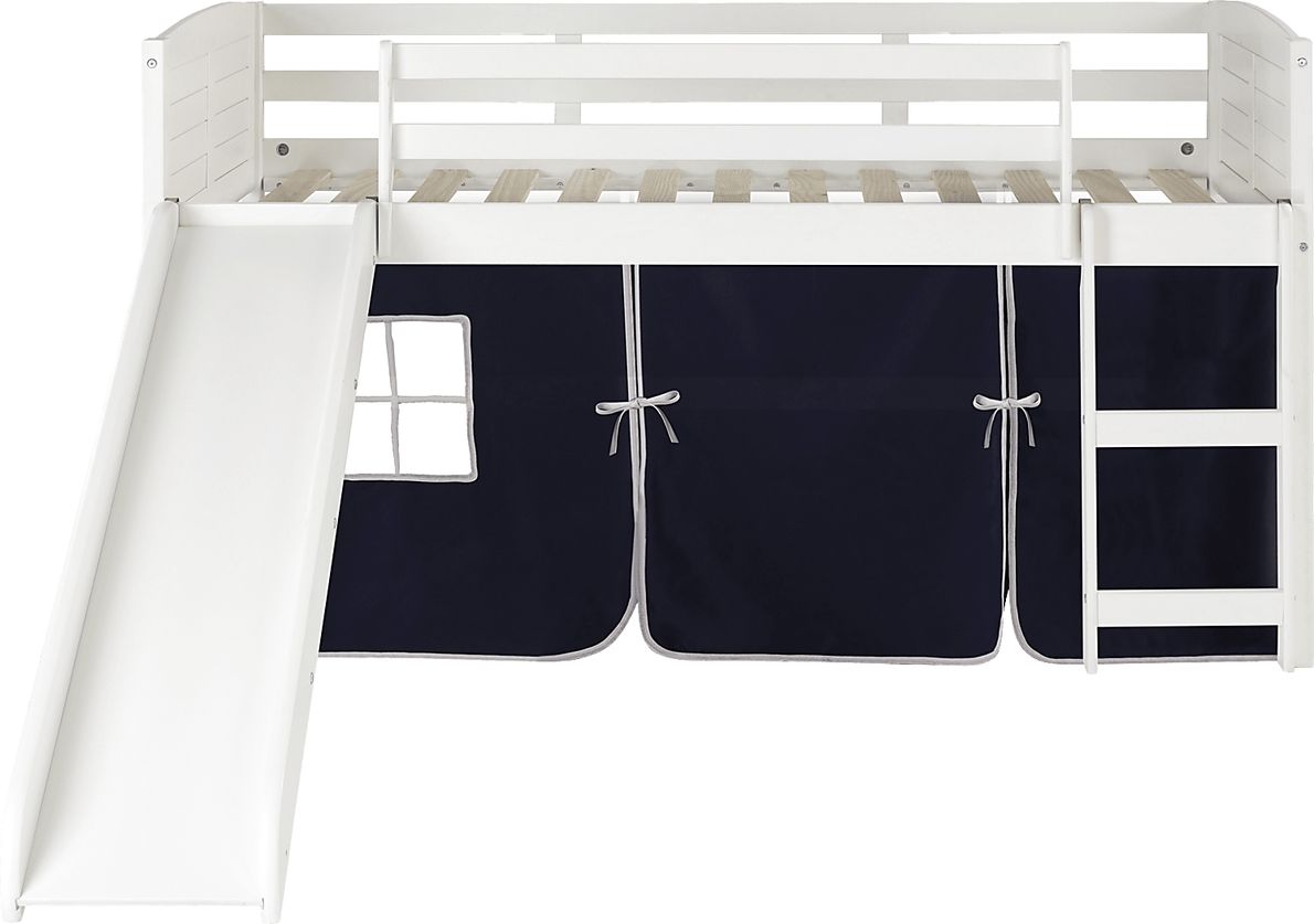 Kids Camp Hideaway White Twin Jr Loft Bed with Blue Tent and Slide