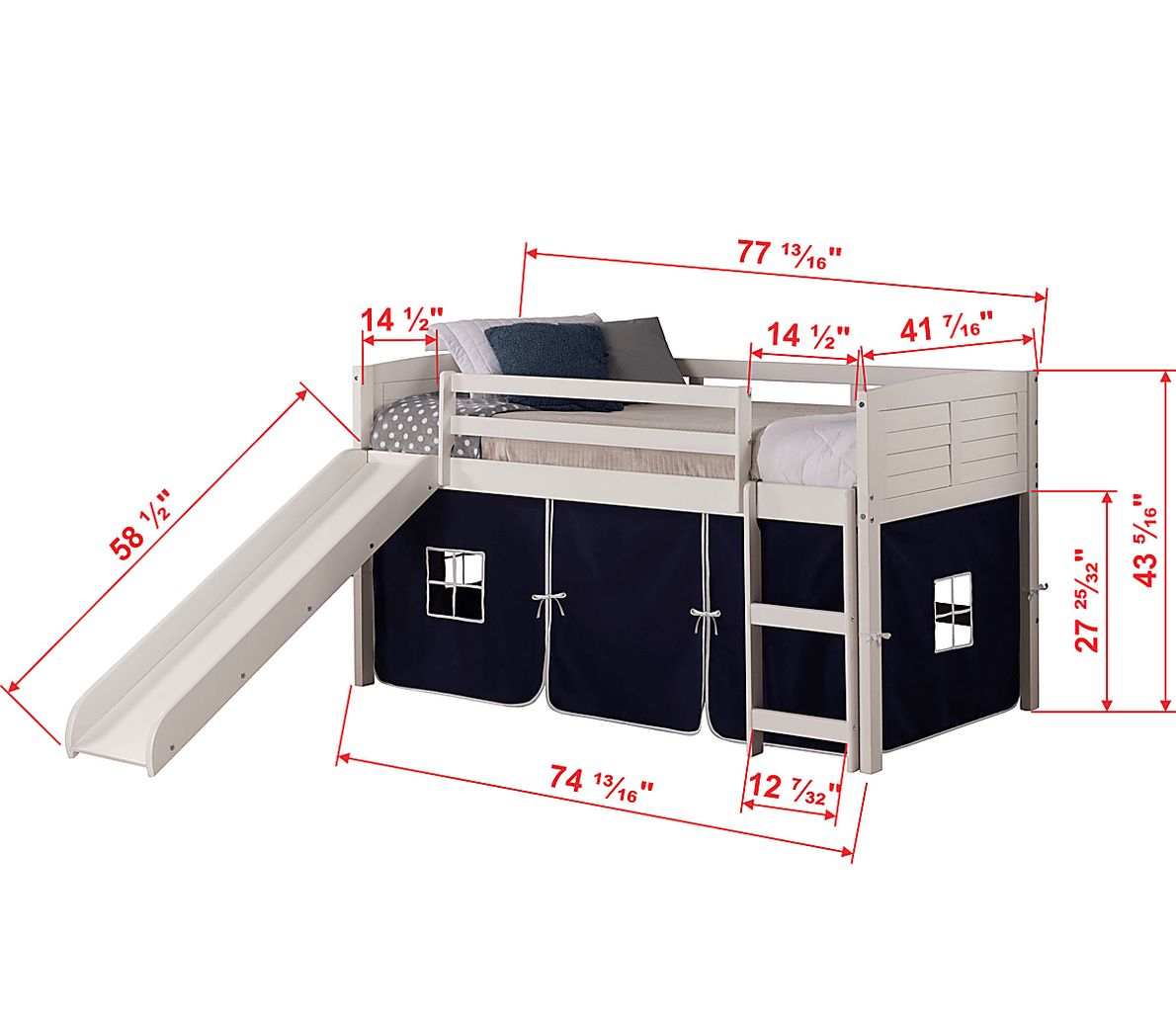 Kids Camp Hideaway White Twin Jr Loft Bed with Blue Tent and Slide