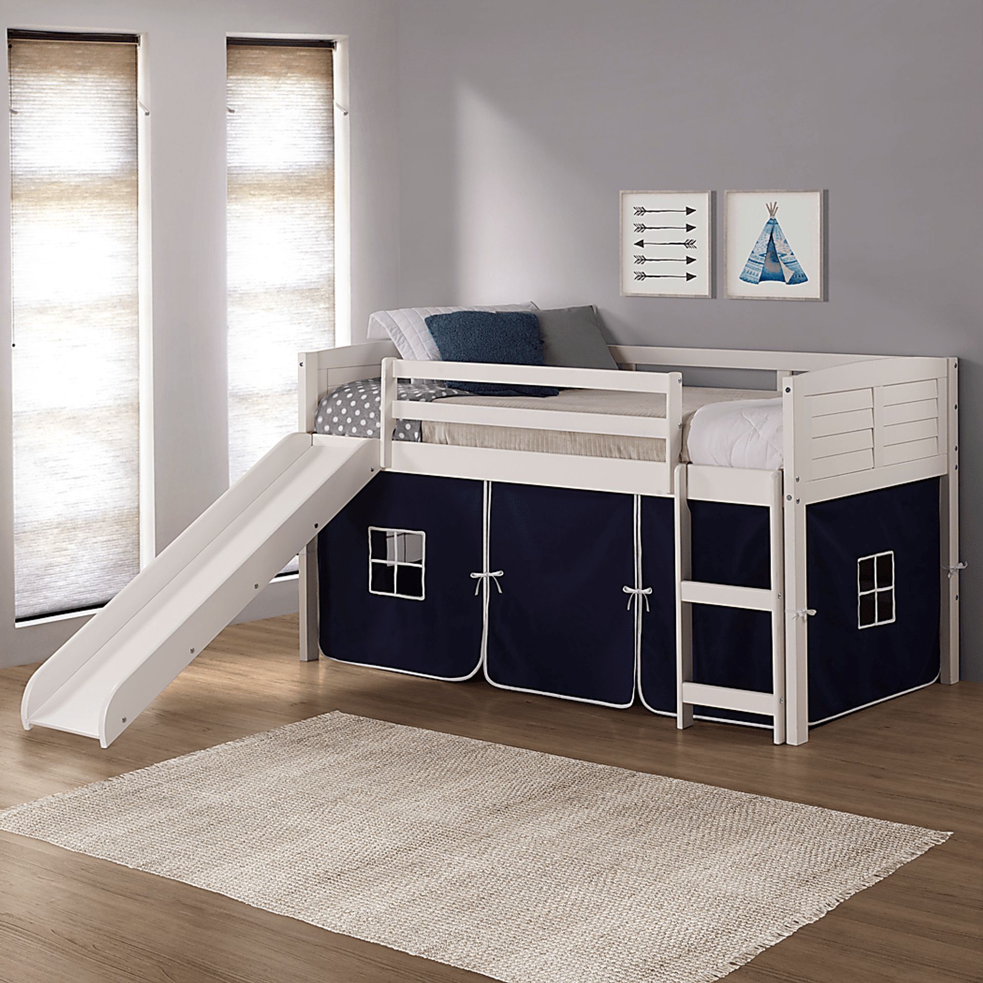 Kids Camp Hideaway White Twin Jr Loft Bed with Blue Tent and Slide - Image 5