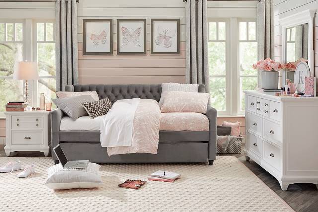 Kids Hilton Head White Bedroom with Alena Charcoal Twin Upholstered Daybed - Thumbnail - Image 1