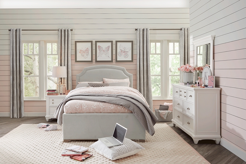Kids Hilton Head White Bedroom with Dakotah Gray Twin Upholstered Bed