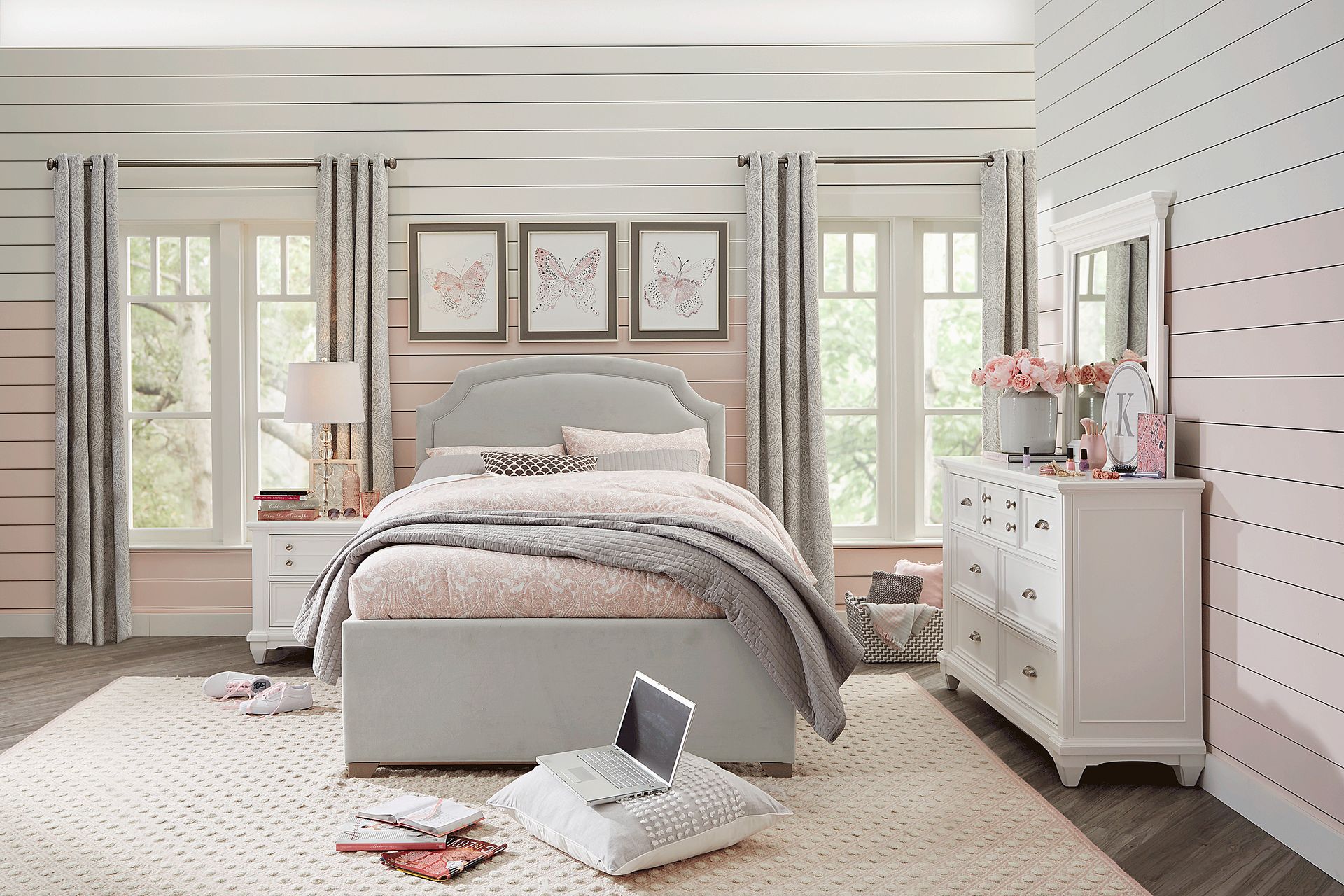 Kids Hilton Head White Bedroom with Dakotah Gray Twin Upholstered Bed - Image 1