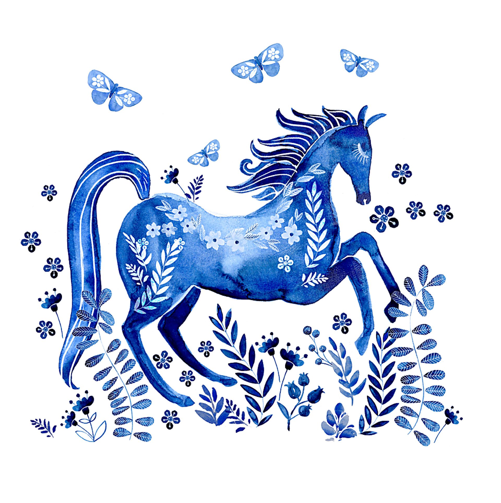 Kids Horse in Blue White Artwork - Image 1