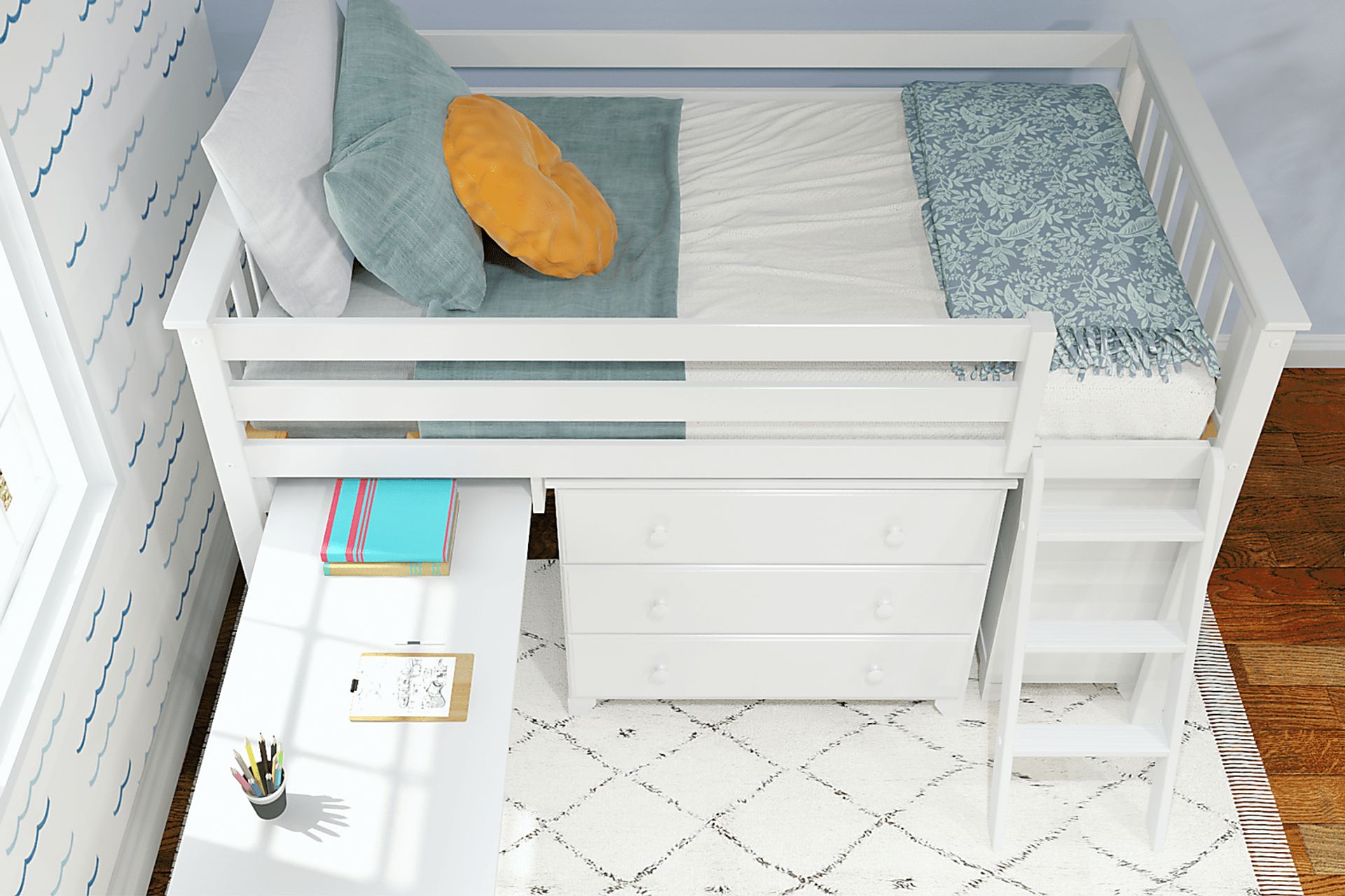 Kids Irenka I White Twin Loft Bed with Pull-Out Desk & Dresser - Image 4