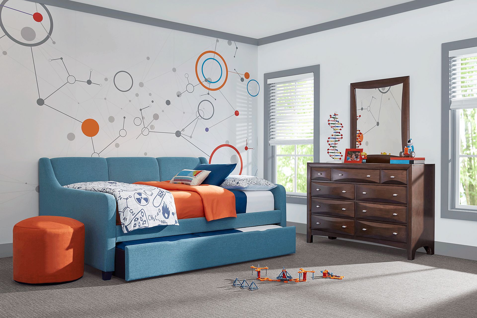 Kids Ivy League 2.0 Walnut 5 Pc Twin Bedroom with Daelan Blue Daybed - Image 1