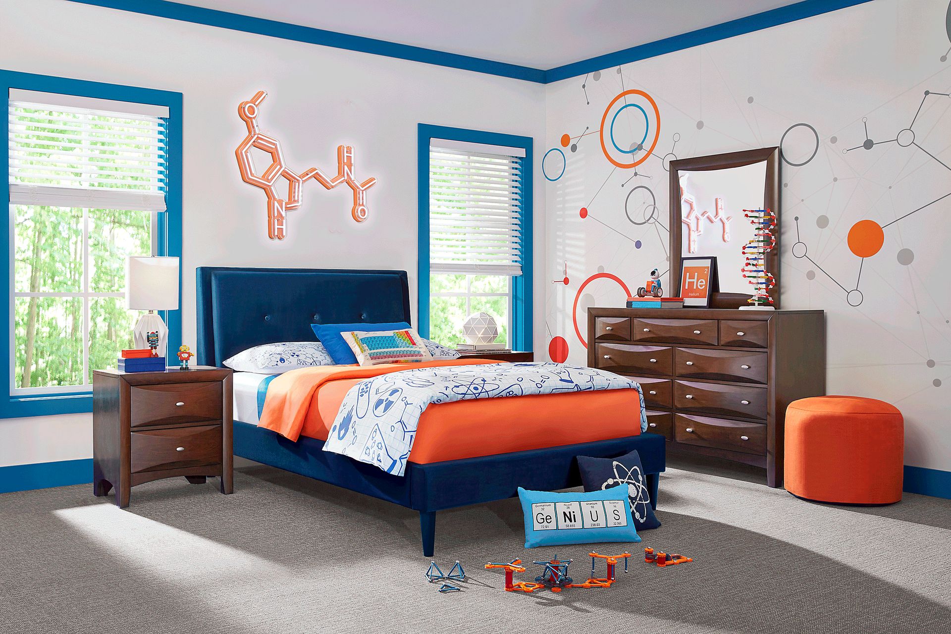 Kids Ivy League 2.0 Walnut Bedroom with Jaidyn Blue Twin Upholstered Bed - Image 1