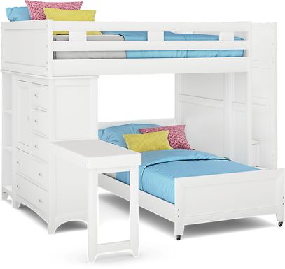 Kids Ivy League 2.0 White Twin/Full Step Bunk with Chest, Bookcase & Desk Attachment