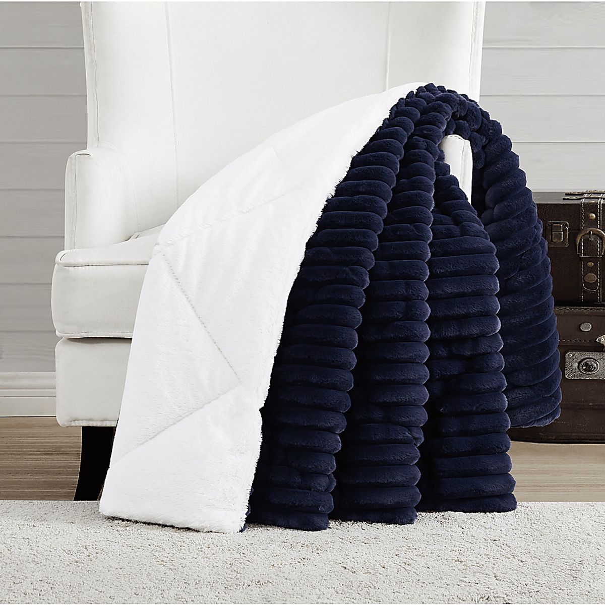 Josip Navy Blue Polyester Fabric Faux Fur Throw Rooms to Go