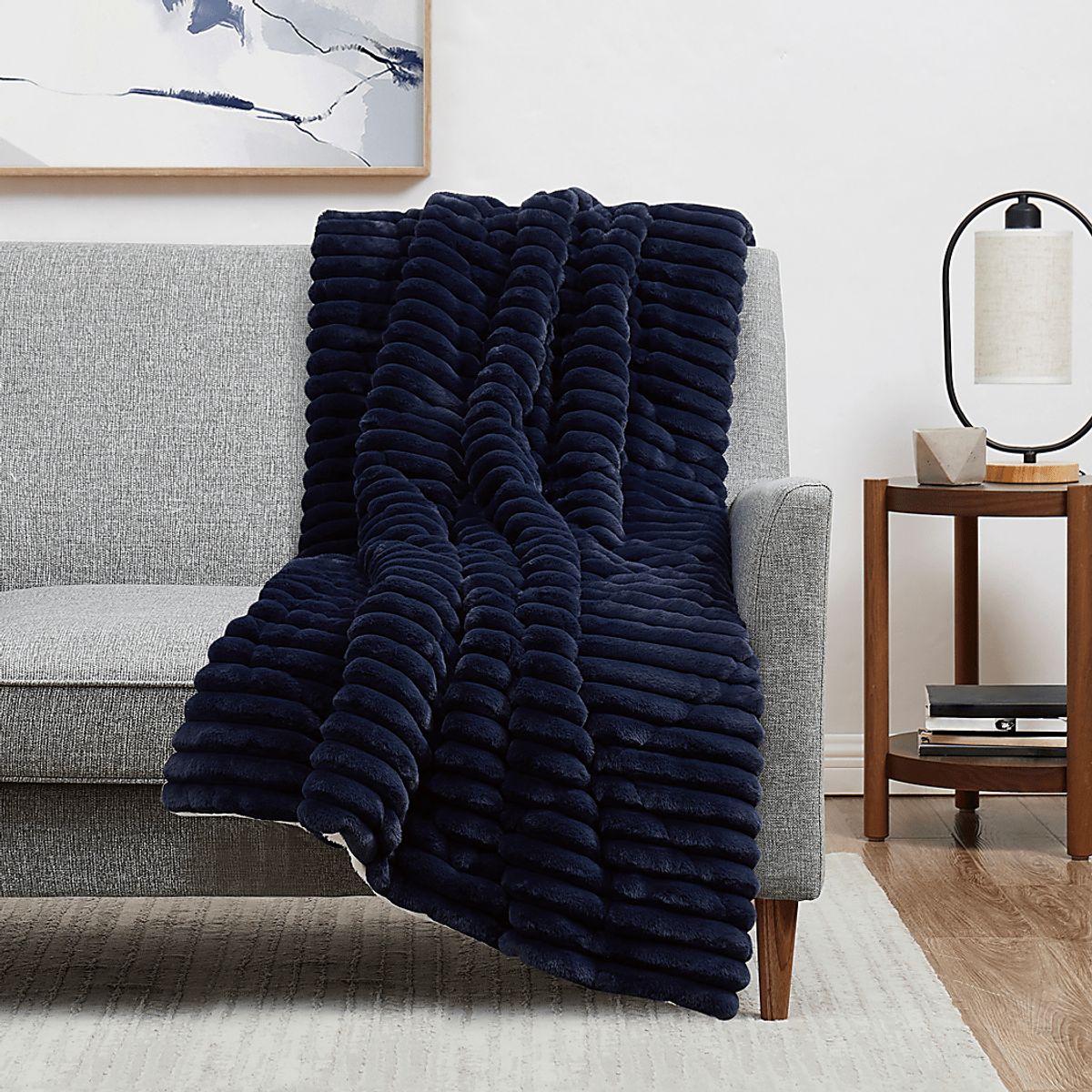 Josip Navy Blue Polyester Fabric Faux Fur Throw | Rooms to Go