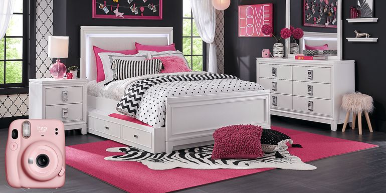 Kids Juno White 5 Pc Full Lighted Upholstered Bedroom with Fujifilm Instax Camera