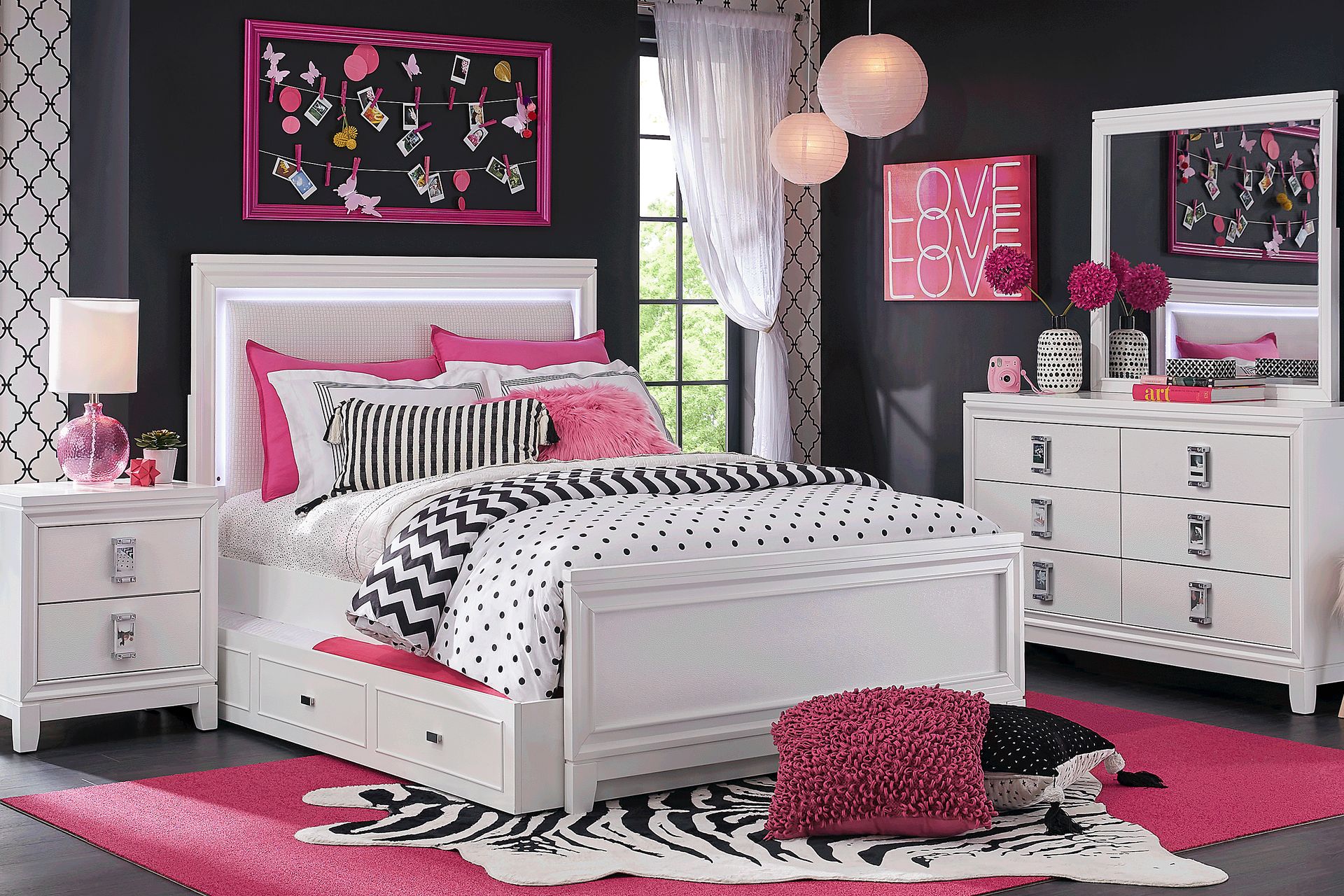 Kids Juno White Full Upholstered Bedroom with LED Lights - Image 1