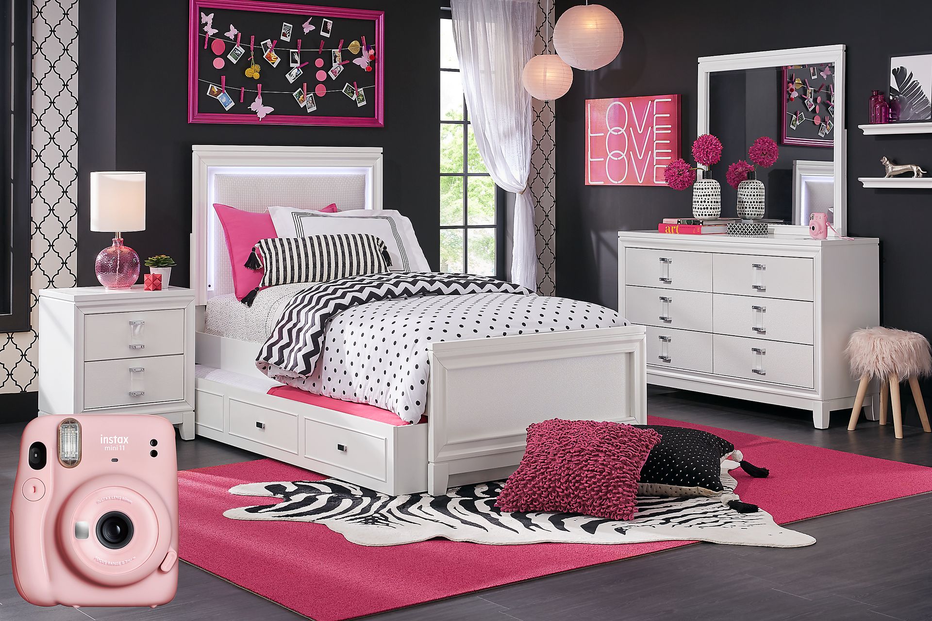 Kids Juno White 5 Pc Twin Lighted Upholstered Bedroom with Fujifilm Instax Camera - Image 1