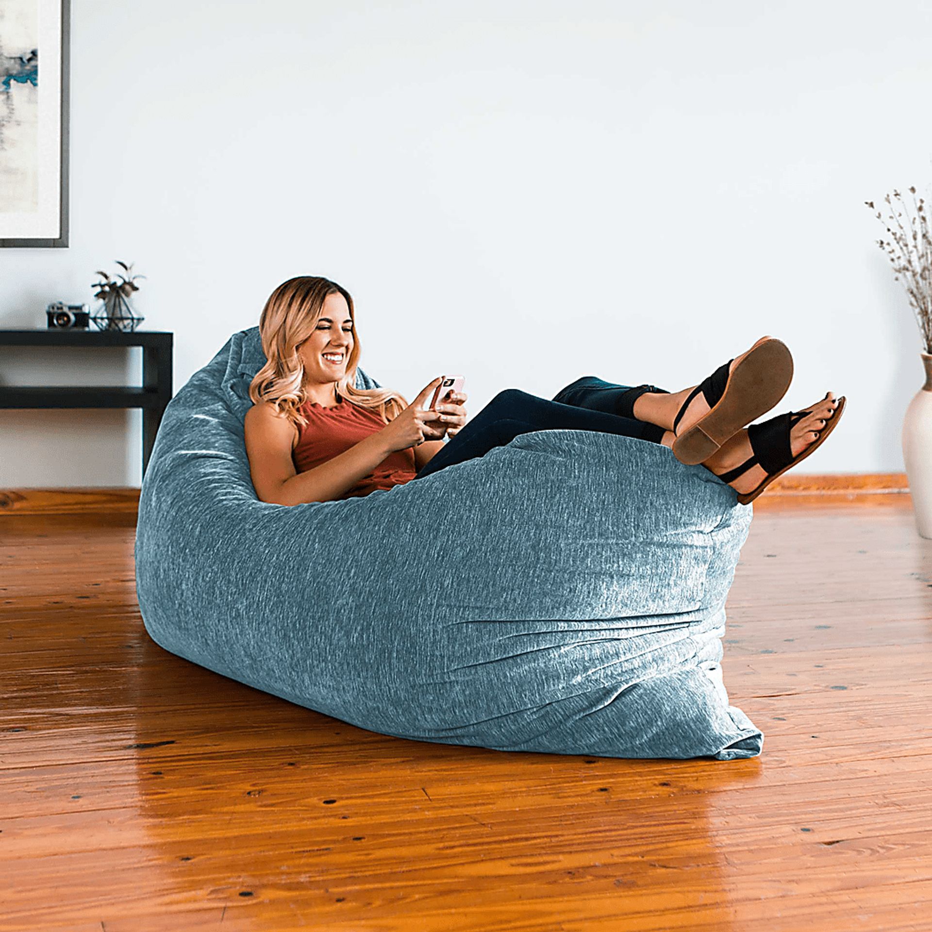 Kimmy Blue Chenille Fabric Bean Bag Chair And Lounger Rooms to Go