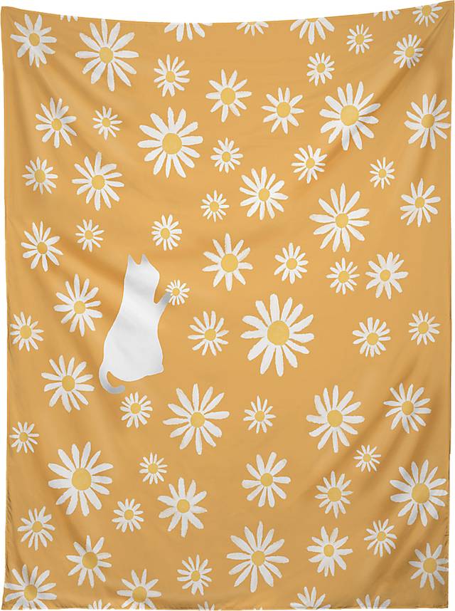 Kids Kitty And Flowers Orange Tapestry - Thumbnail - Image 1