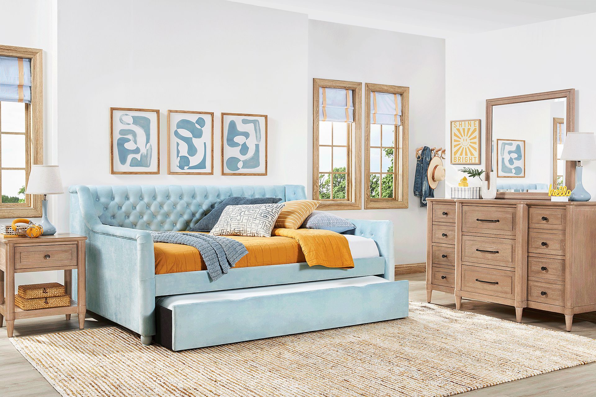 Kids Lindbrook Sand Bedroom with Alena Light Blue Twin Daybed and Twin Storage Trundle - Image 1