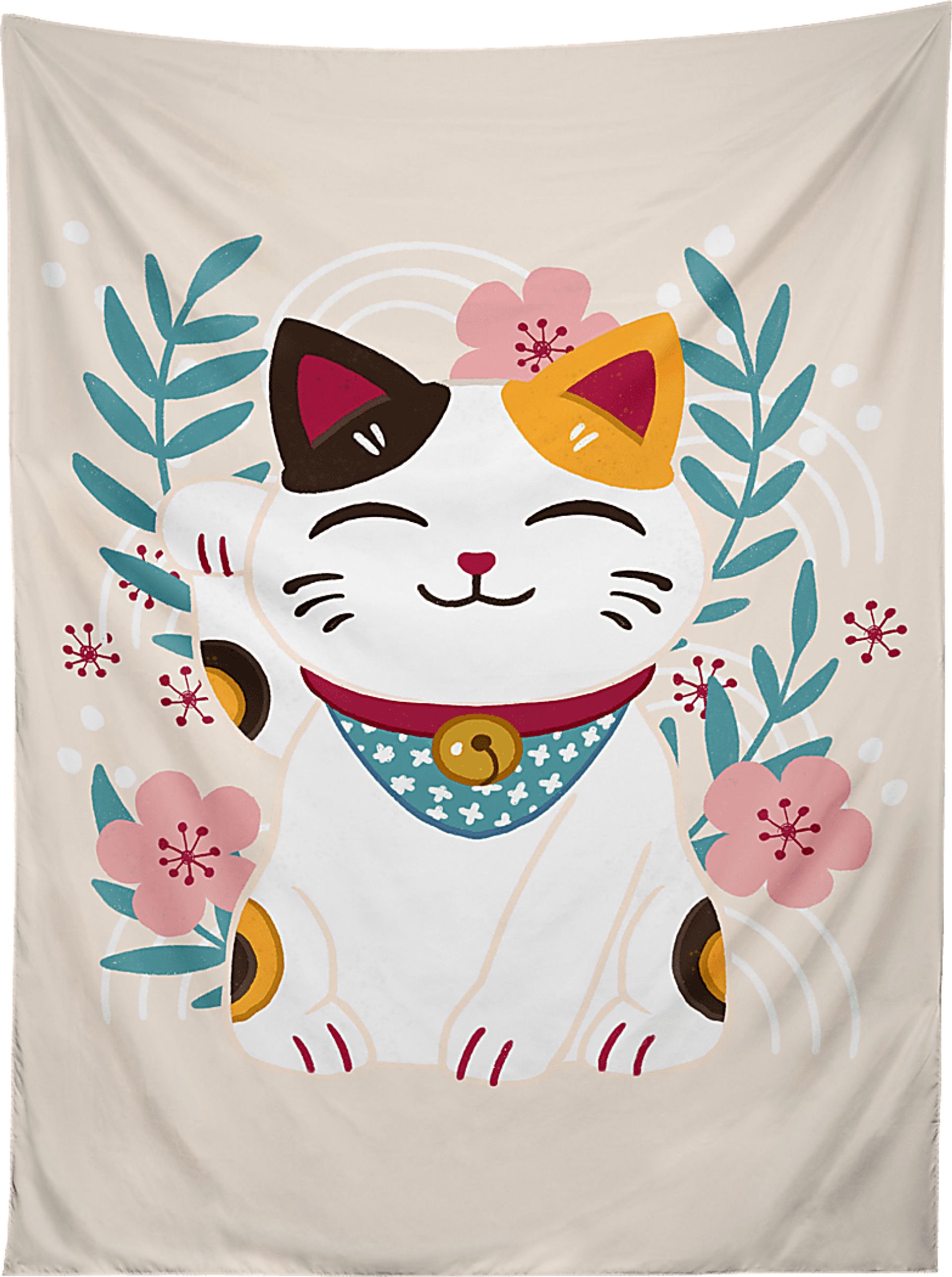 Kids Lucky Cat and Blossoms Cream Wall Decor - Image 1