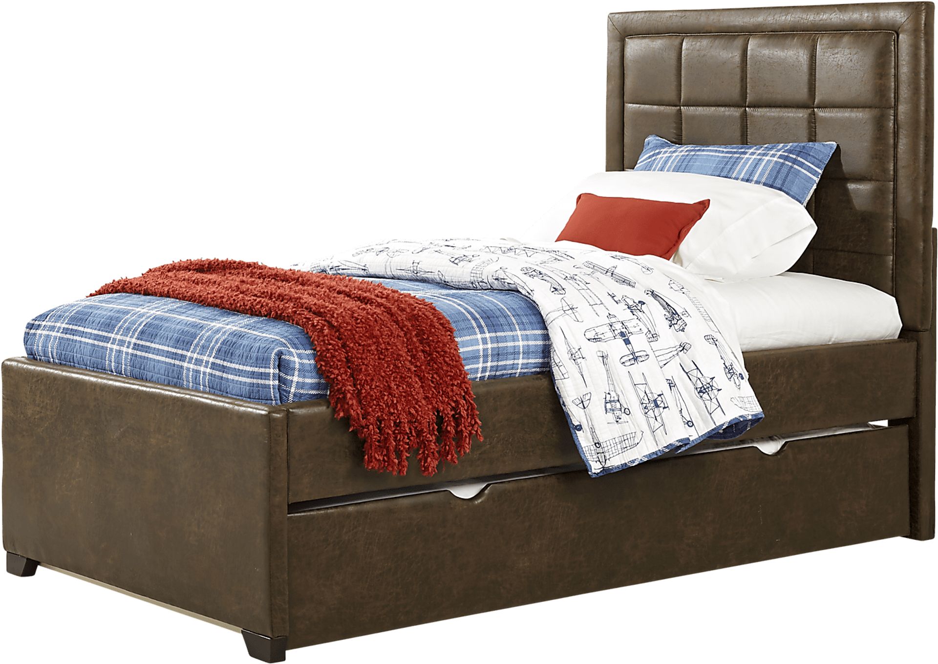 Kids Lugo Brown 4 Pc Twin Upholstered Bed with Storage Trundle - Image 1