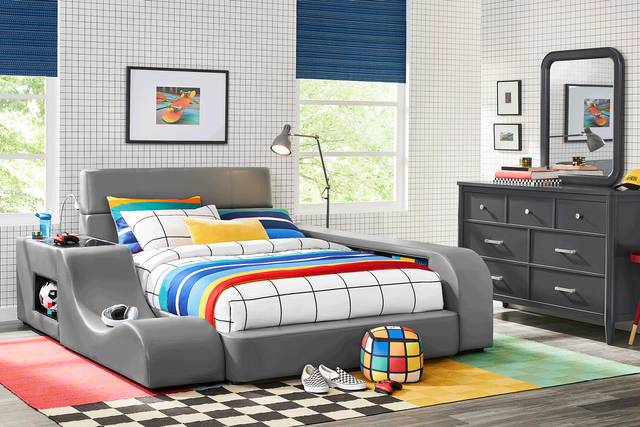 Kids Modern Colors Iron Ore Bedroom with Recharged Gray Twin Bed, Nightstand, Lounger, Bookcase - Thumbnail - Image 1