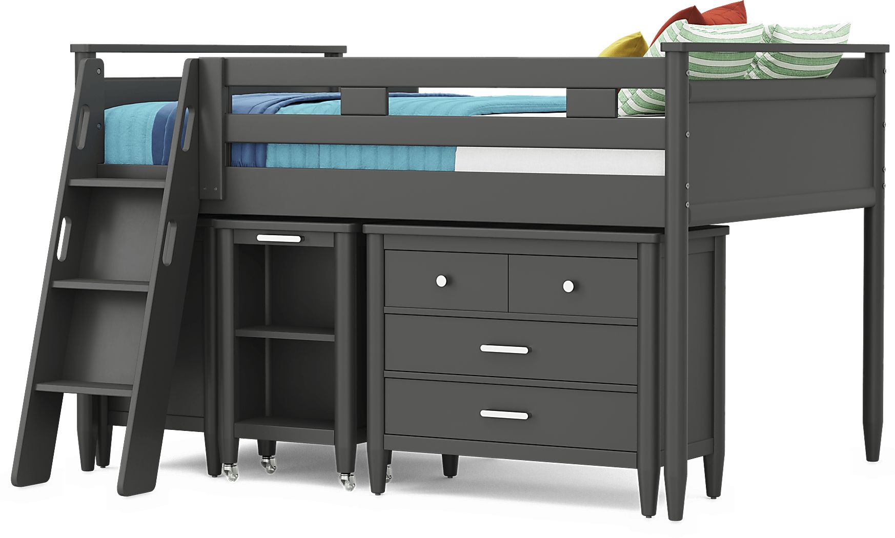 Kids Modern Colors Slate Blue Full Step Loft with Loft Chest and Bookcase