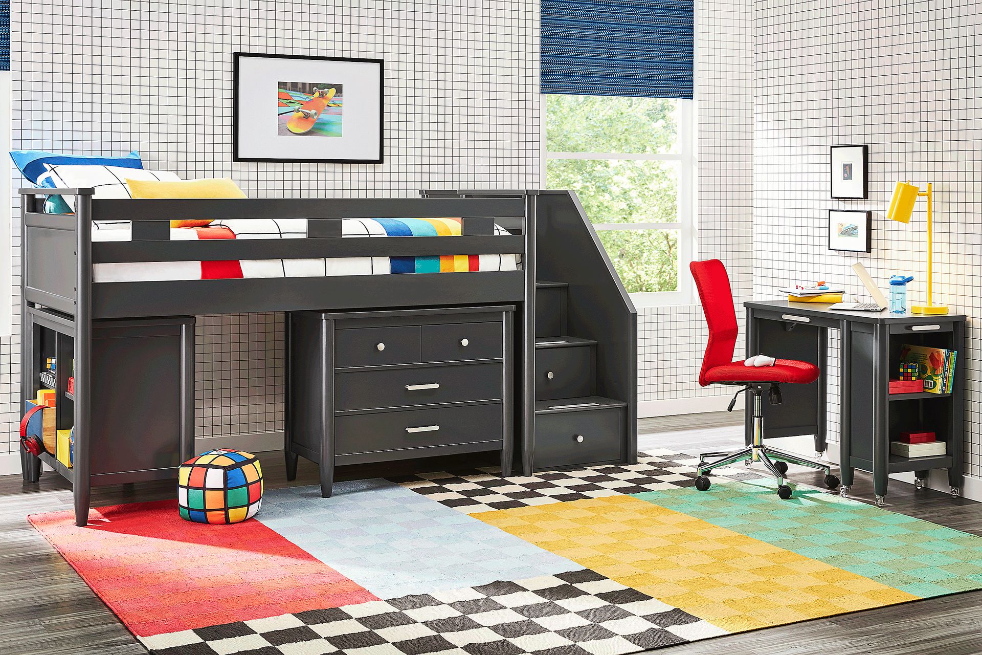 Kids Modern Colors Iron Ore Full Step Loft with Loft Chest and Bookcase - Image 2