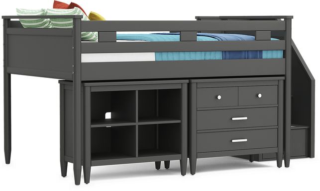 Kids Modern Colors Iron Ore Full Step Loft with Loft Chest and Bookcase