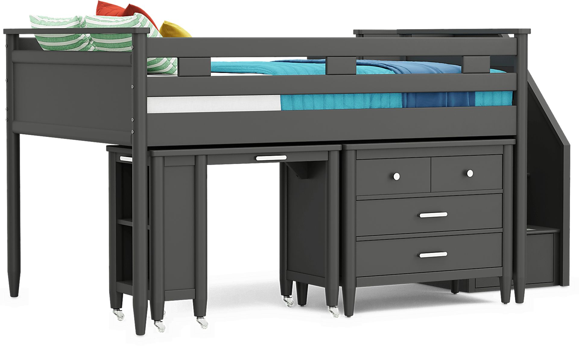 Kids Modern Colors Iron Ore Full Step Loft with Loft Chest and Desk - Image 1