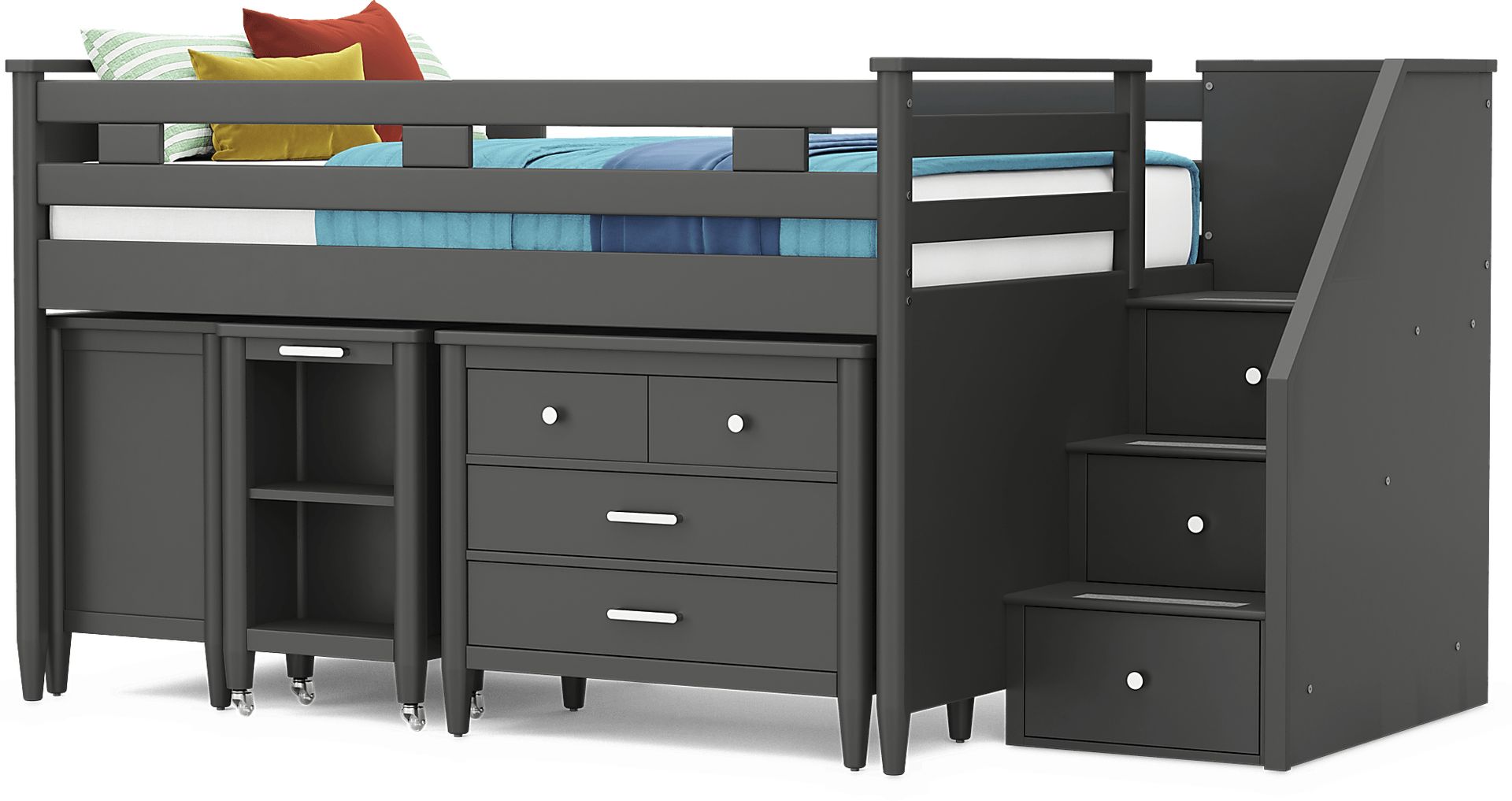 Kids Modern Colors Iron Ore Full Step Loft with Loft Chest, Bookcase and Desk - Image 3