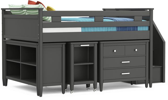 Kids Modern Colors Iron Ore Full Step Loft with Loft Chest, Bookcase and Desk