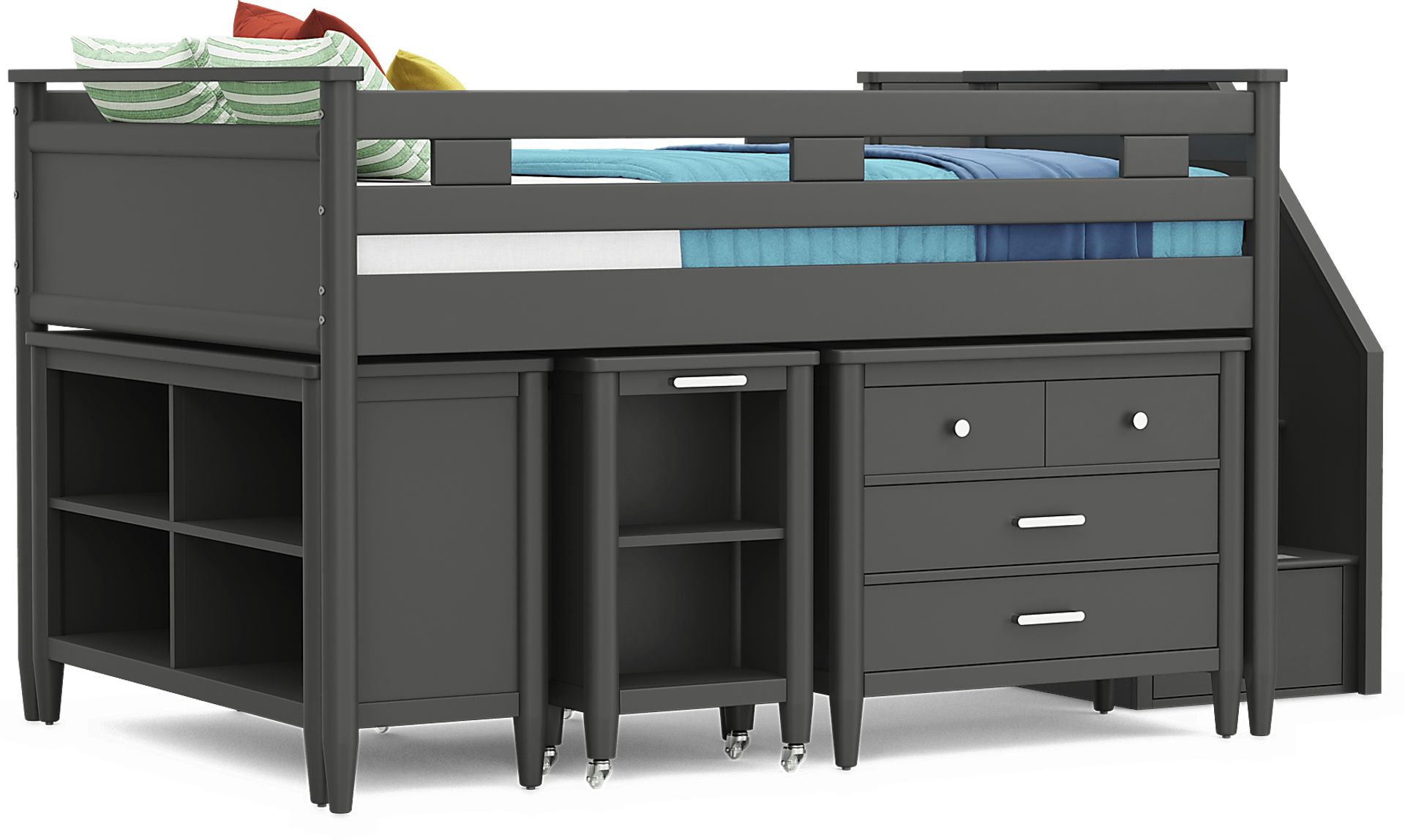 Kids Modern Colors Iron Ore Full Step Loft with Loft Chest, Bookcase and Desk - Image 1