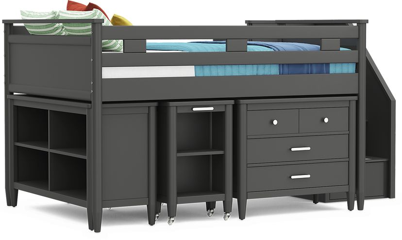 Kids Modern Colors Iron Ore Full Step Loft with Loft Chest, Bookcase and Desk