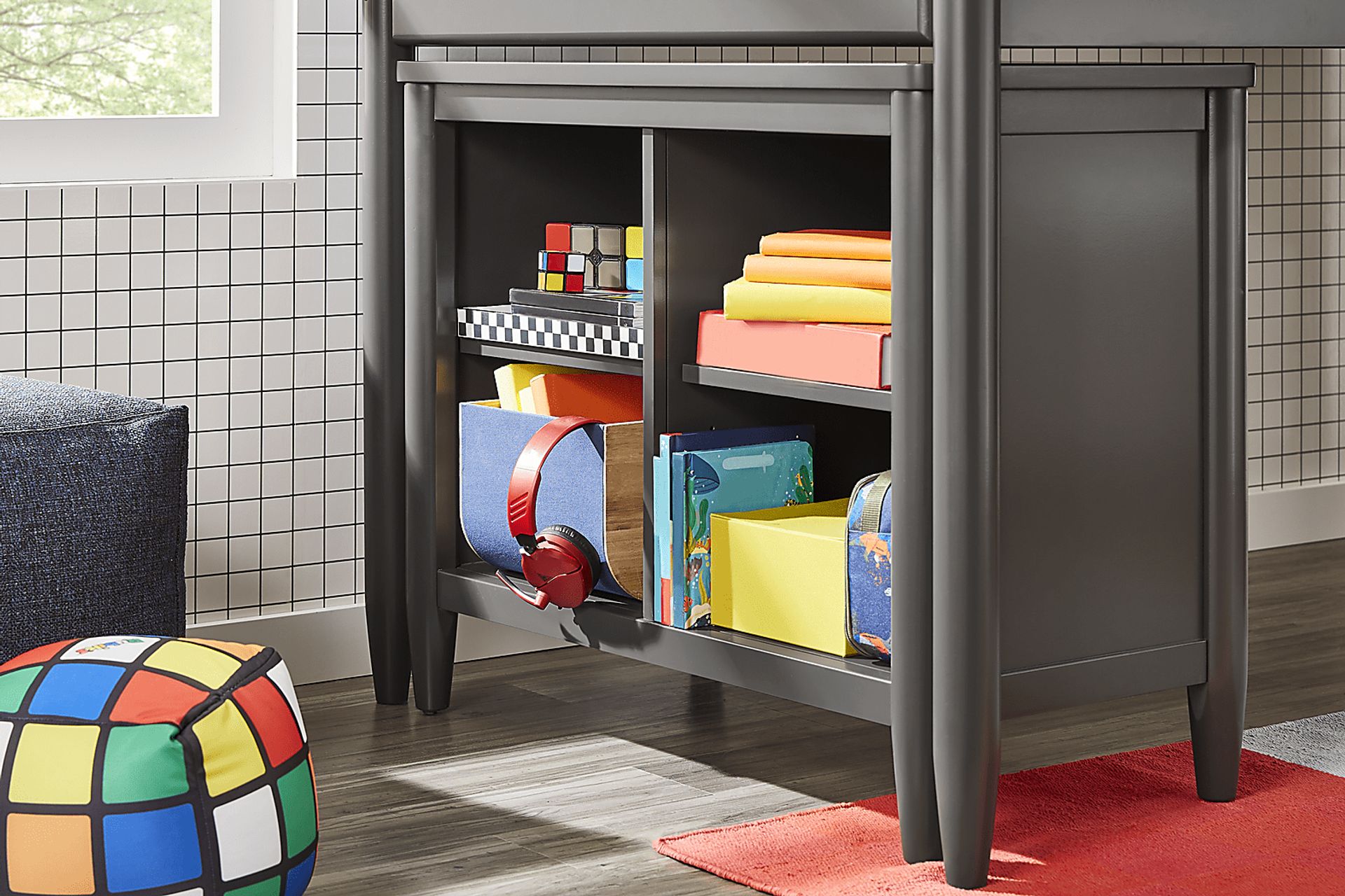 Kids Modern Colors Iron Ore Twin Loft with Loft Chest and Bookcase - Image 3