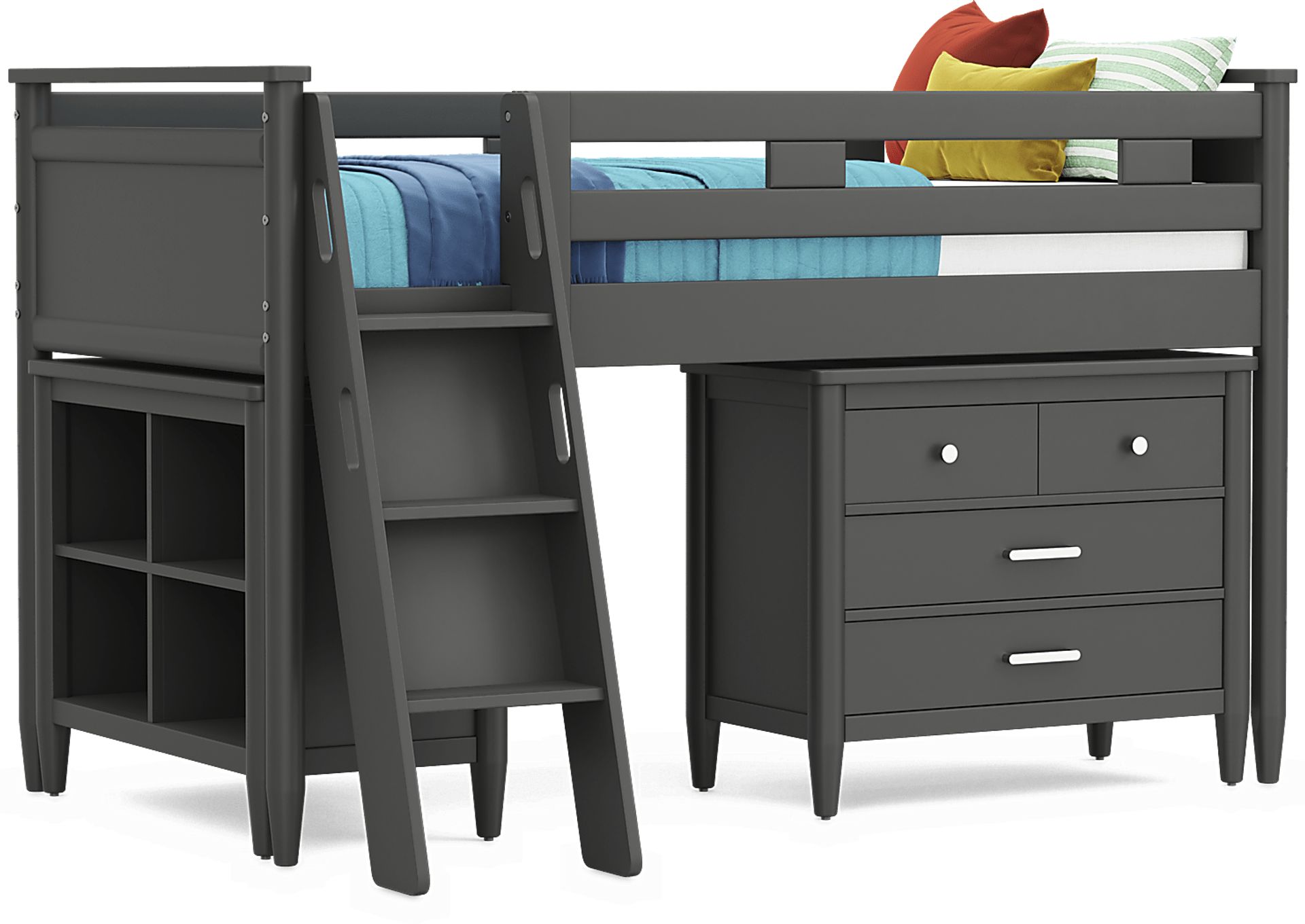 Kids Modern Colors Iron Ore Twin Loft with Loft Chest and Bookcase - Image 1
