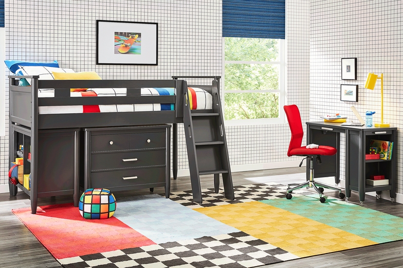 Kids Modern Colors Iron Ore Twin Loft with Loft Chest, Bookcase and Desk