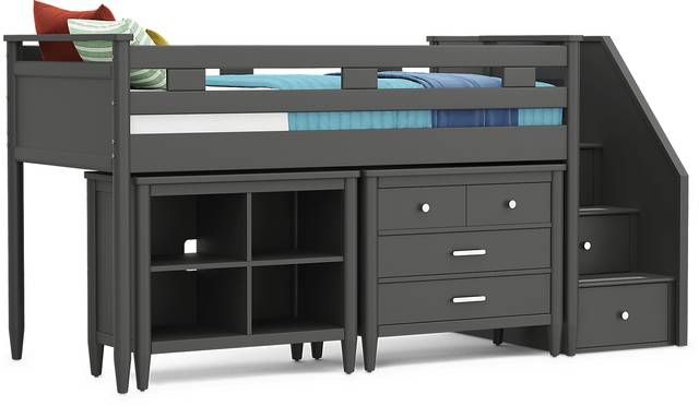 Kids Modern Colors Iron Ore Twin Step Loft with Loft Chest and Bookcase - Thumbnail - Image 1
