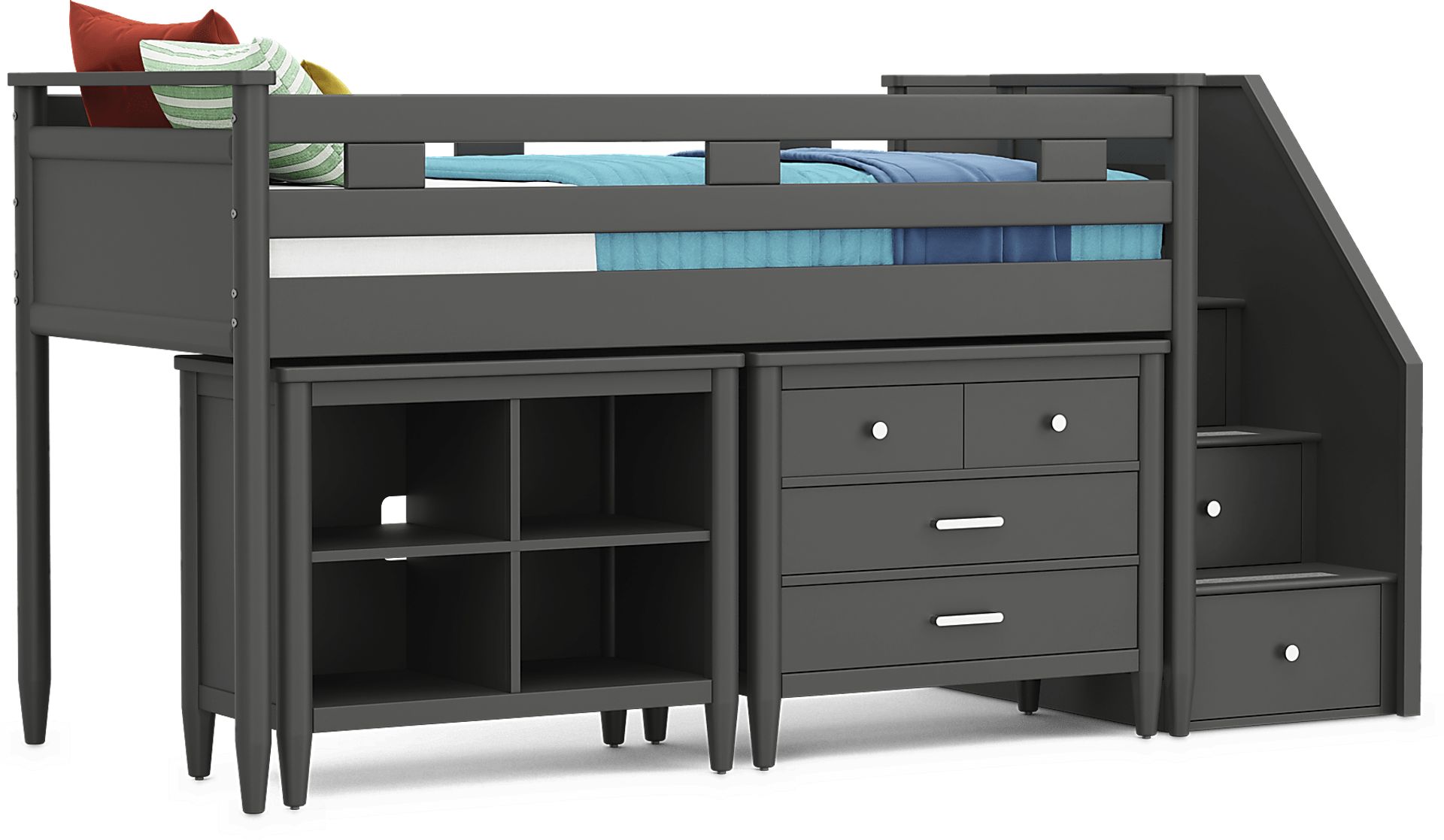 Kids Modern Colors Iron Ore Twin Step Loft with Loft Chest and Bookcase - Image 1