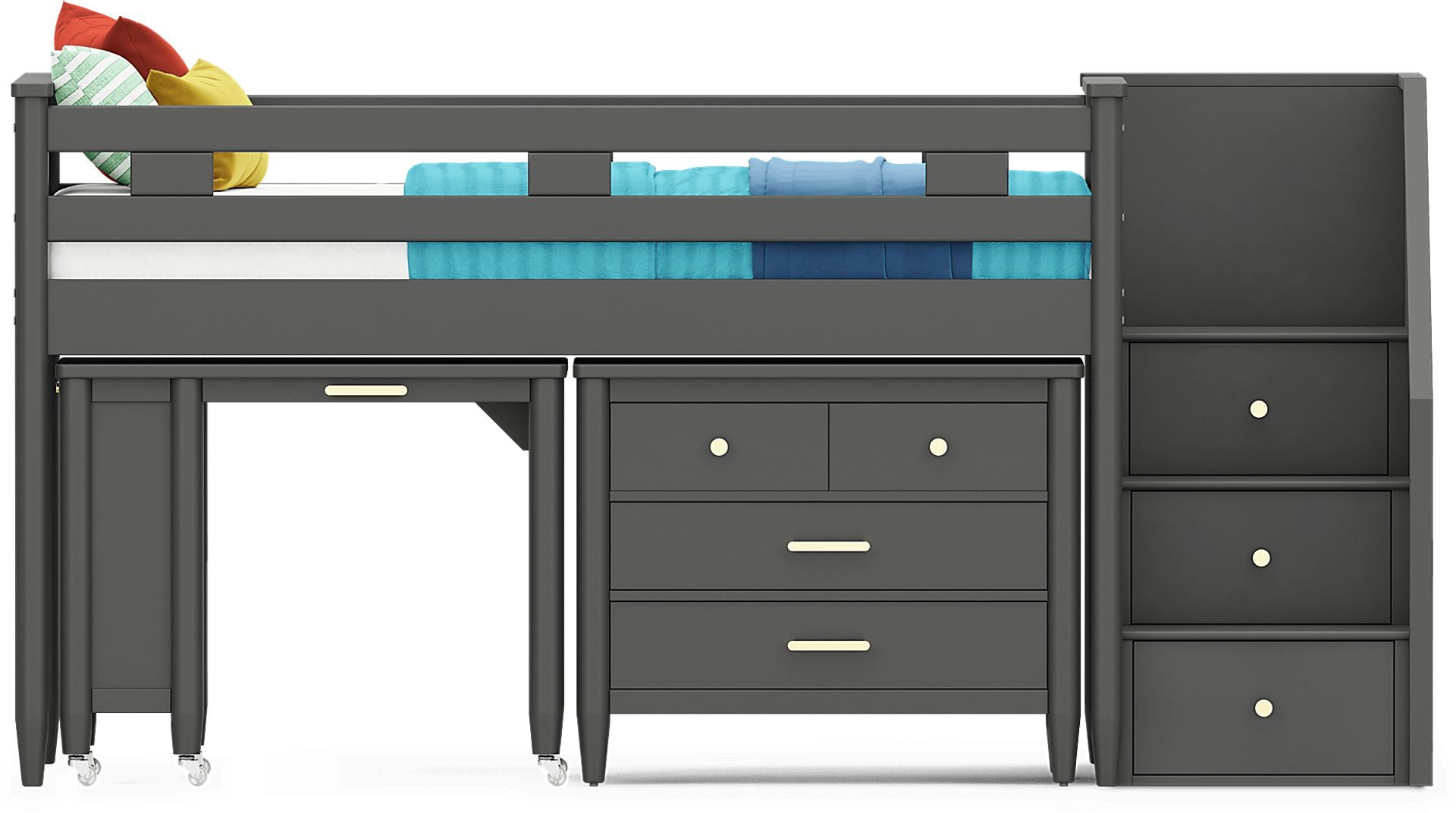 Kids Modern Colors Iron Ore Twin Step Loft with Loft Chest and Desk - Image 6