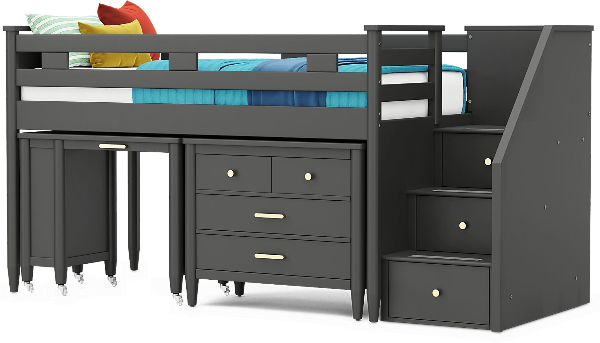 Kids Modern Colors Iron Ore Twin Step Loft with Loft Chest and Desk - Image 7