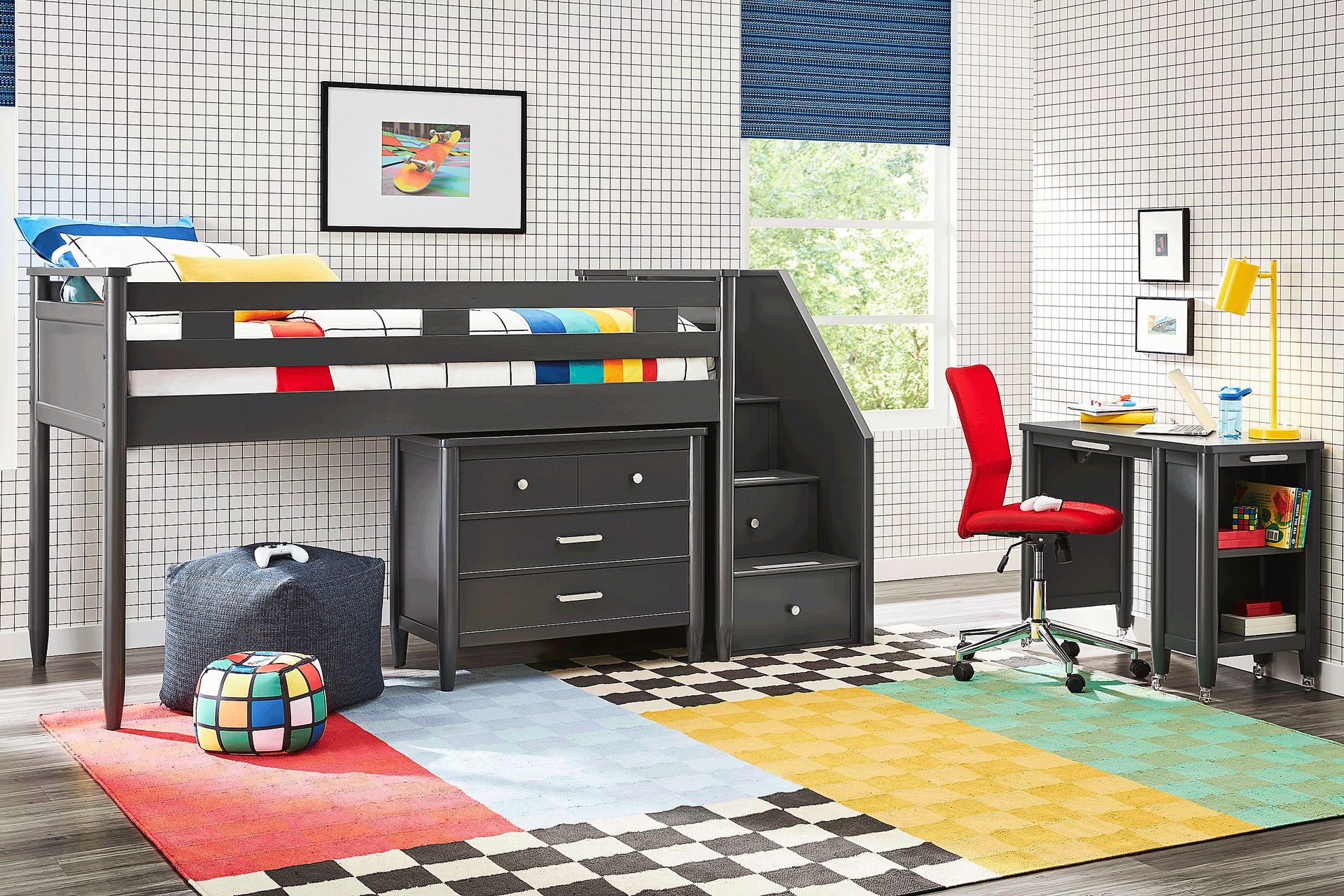 Kids Modern Colors Iron Ore Twin Step Loft with Loft Chest and Desk - Image 2