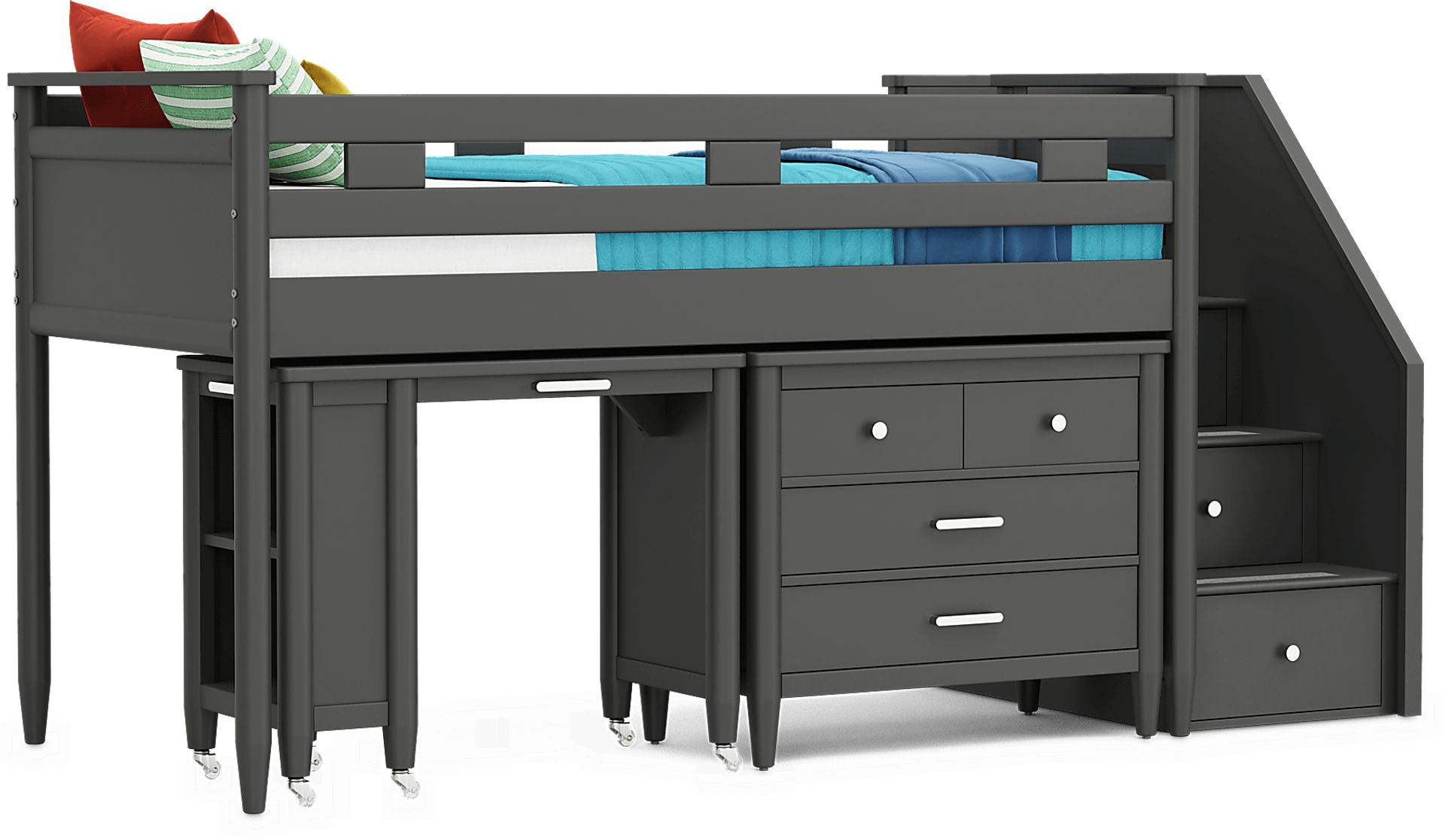 Kids Modern Colors Iron Ore Twin Step Loft with Loft Chest and Desk - Image 1