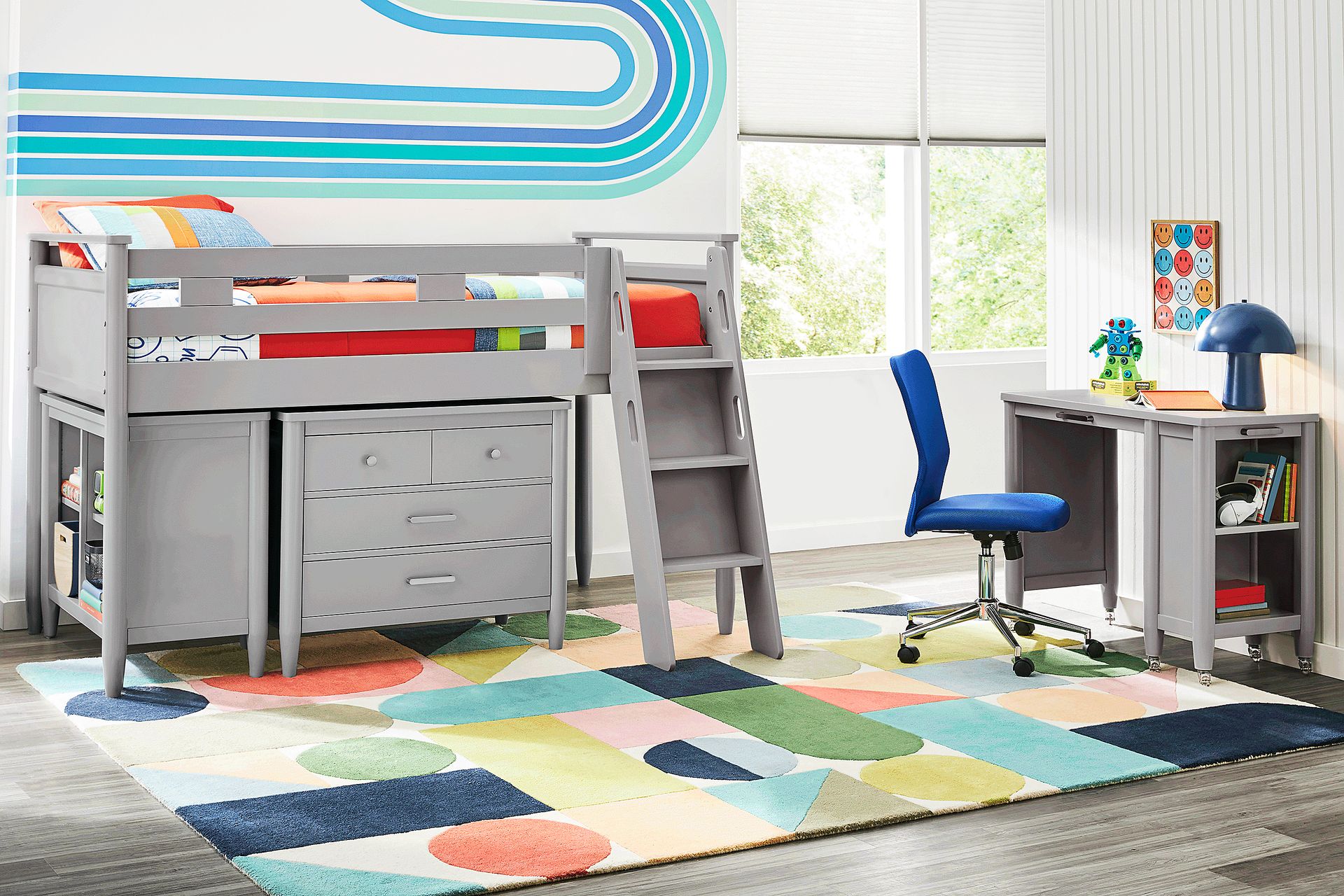 Kids Modern Colors Light Gray Full Loft with Loft Chest, Bookcase and Desk - Image 2
