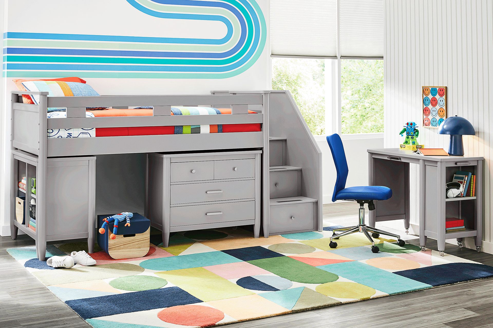 Kids Modern Colors Light Gray Full Step Loft with Loft Chest and Bookcase - Image 2